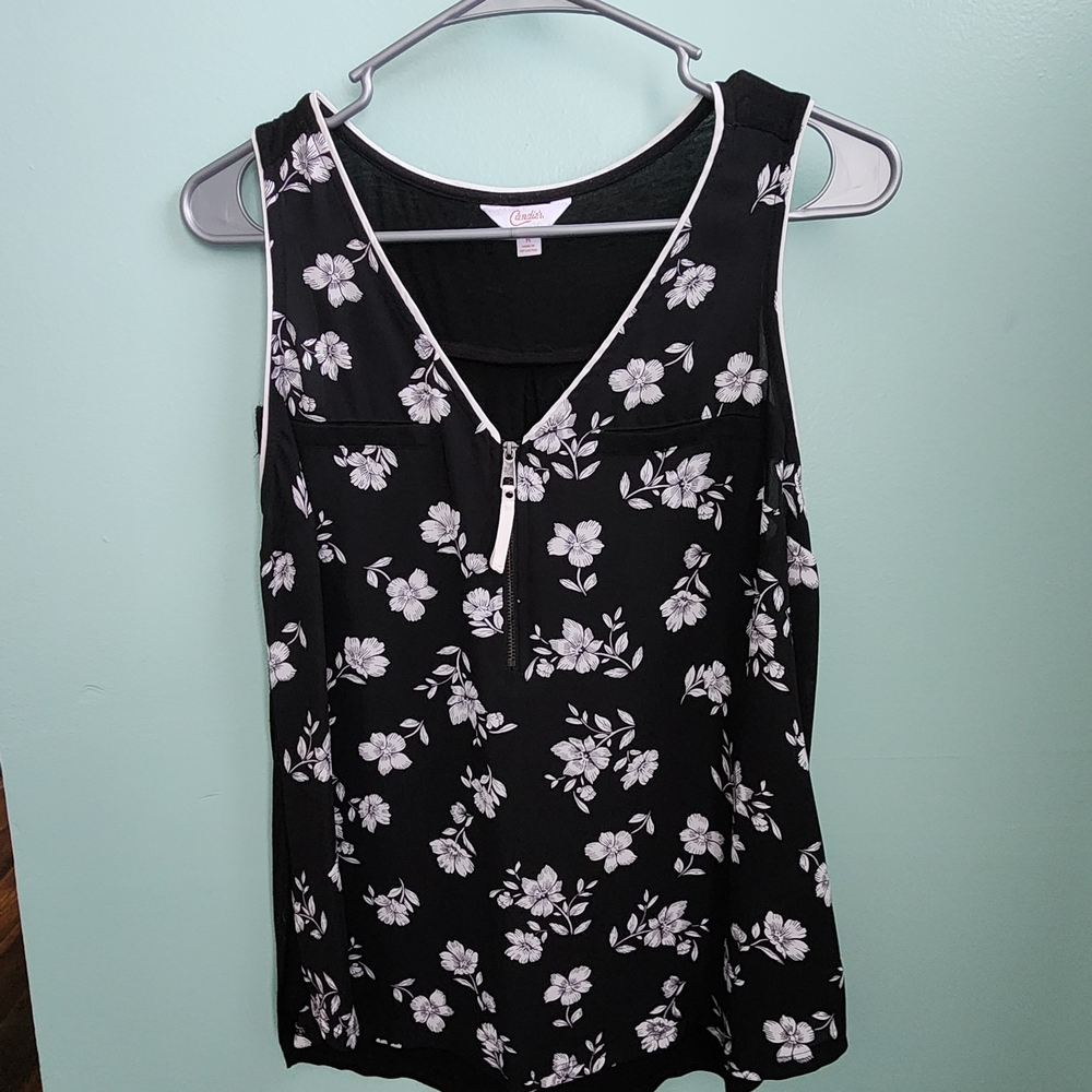 Candie's Black and White Floral Zip-Front Tank Top